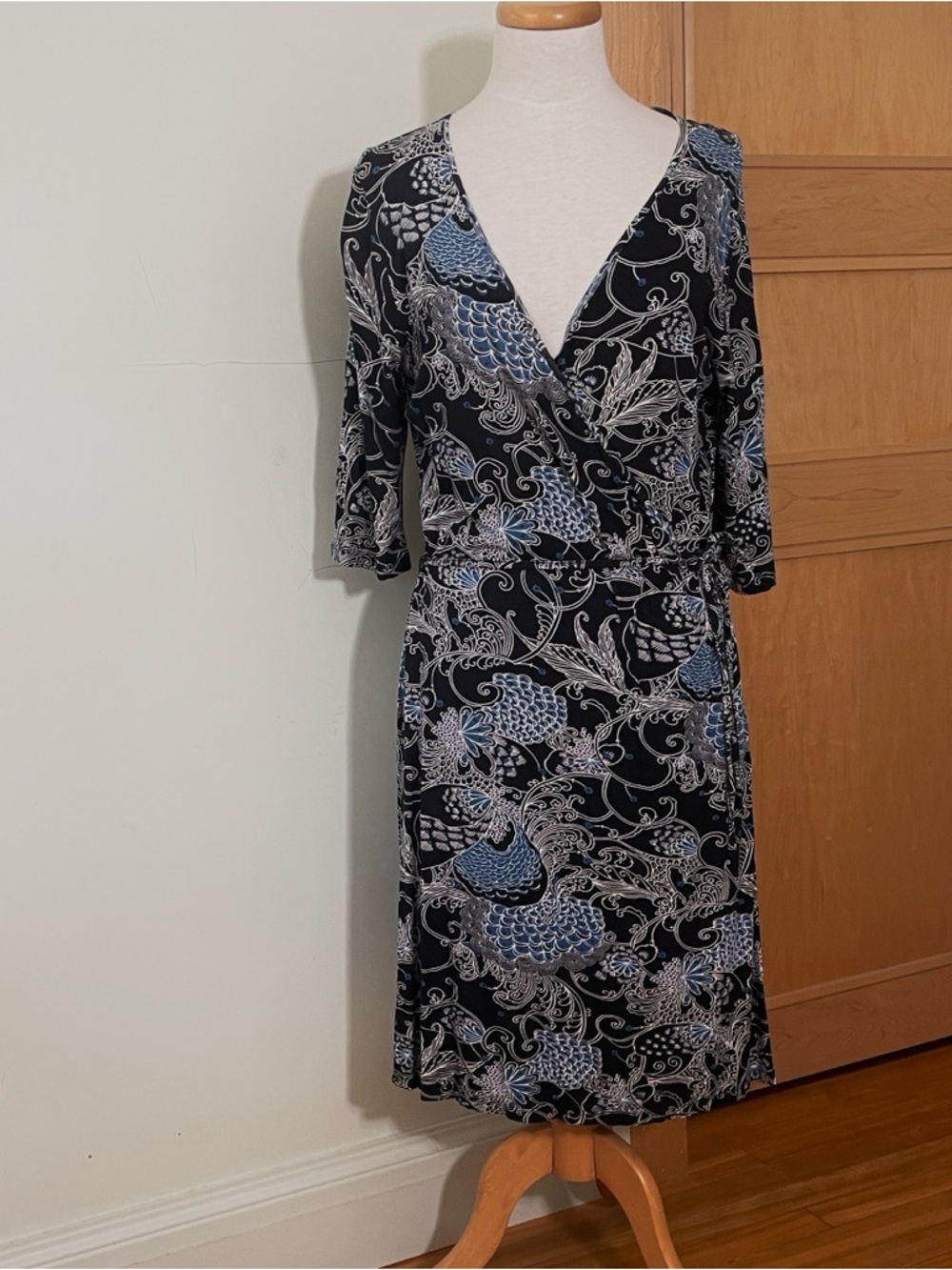 POINT ZERO Vintage Y2K Black and Blue Paisley Faux Wrap Midi Dress, Size XL